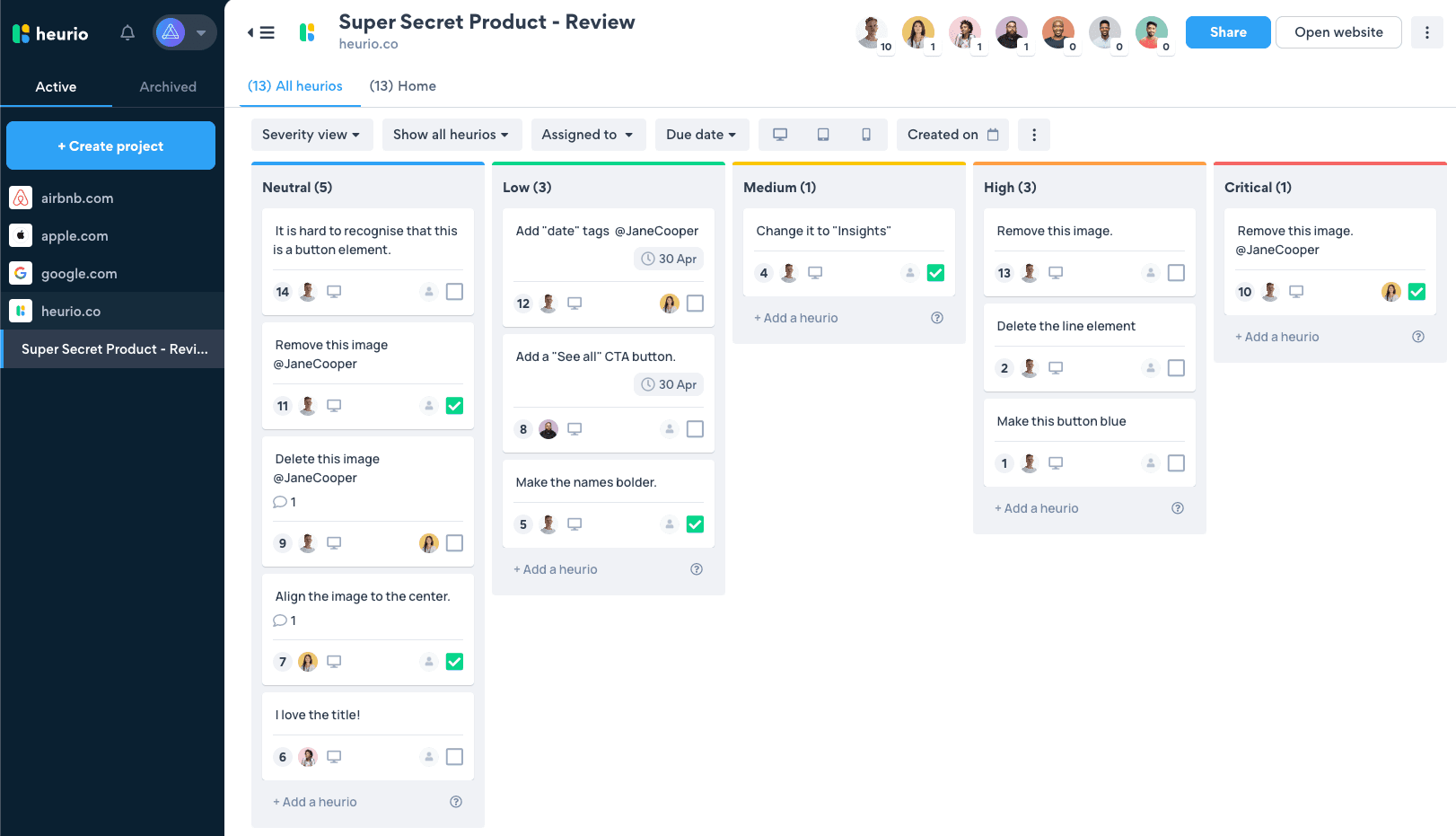 Organized project management in the Heurio Web App