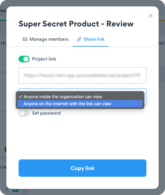Organization-only privacy level for a Heurio project link