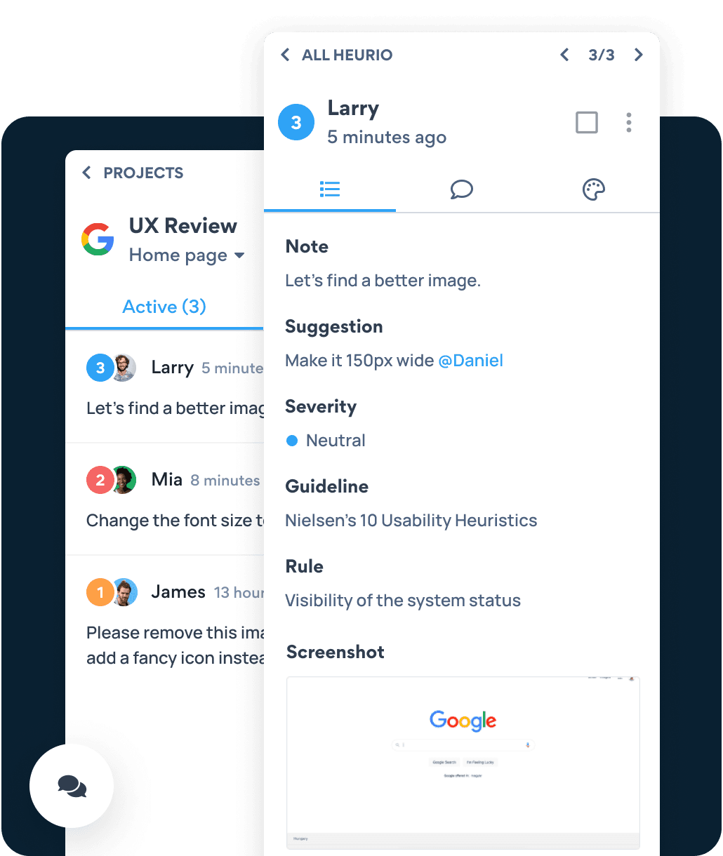 Visual feedback tool with list of heurios (comments).