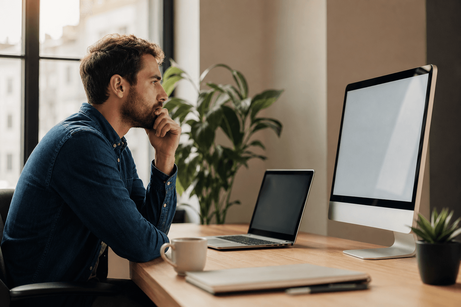 Copywriter and developer reviewing website text on a laptop screen in a bright office