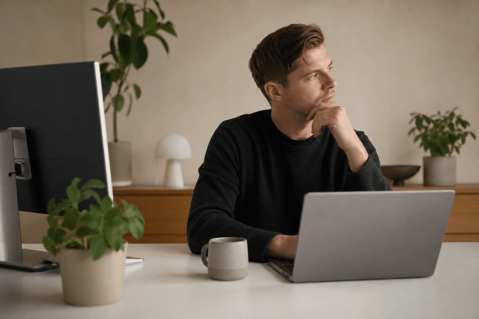 Product designer pointing at a laptop screen while reviewing a web interface with a colleague