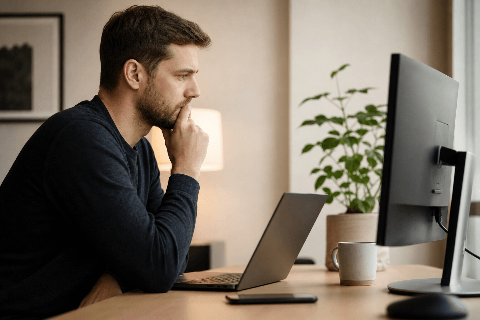 Developer reviewing a live web page on a widescreen monitor with sticky notes nearby