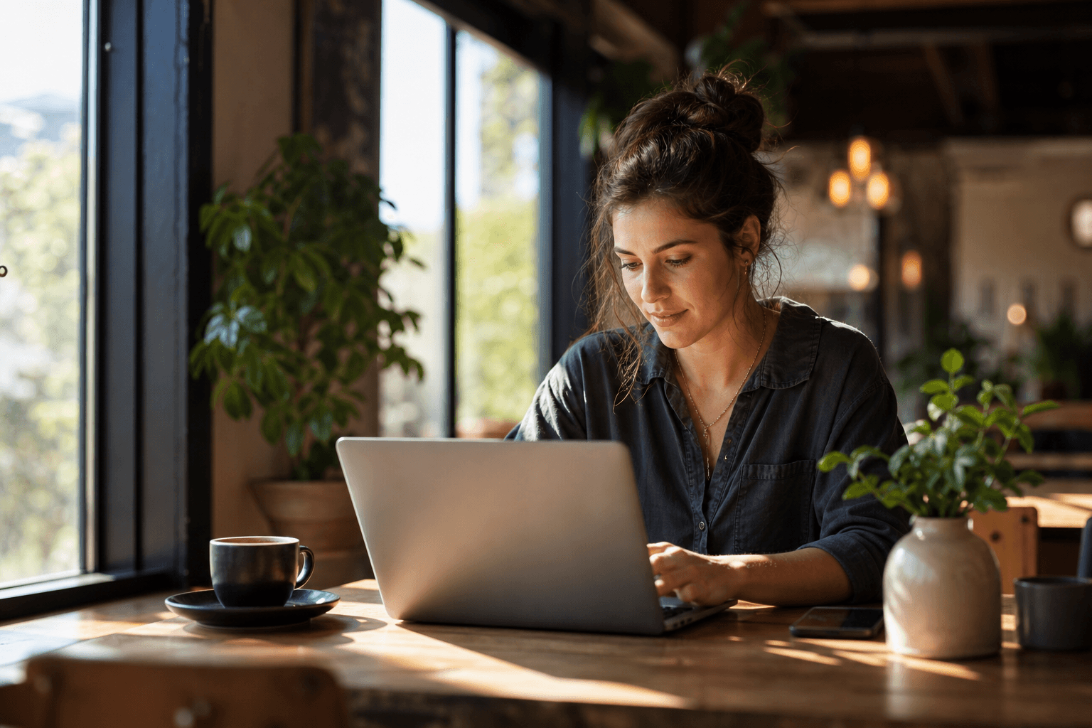 UX designer annotating a web page on a large monitor in a bright office